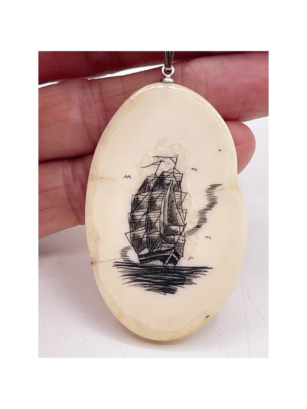 Vintage Carved Shell Sailing Ship Pendant Sterling Silver Necklace Nautical